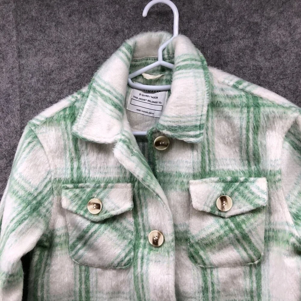 Primark Kids Girls Size 9-10 Years 140 cm Shacket Green White Plaid‎ Fuzzy Fall